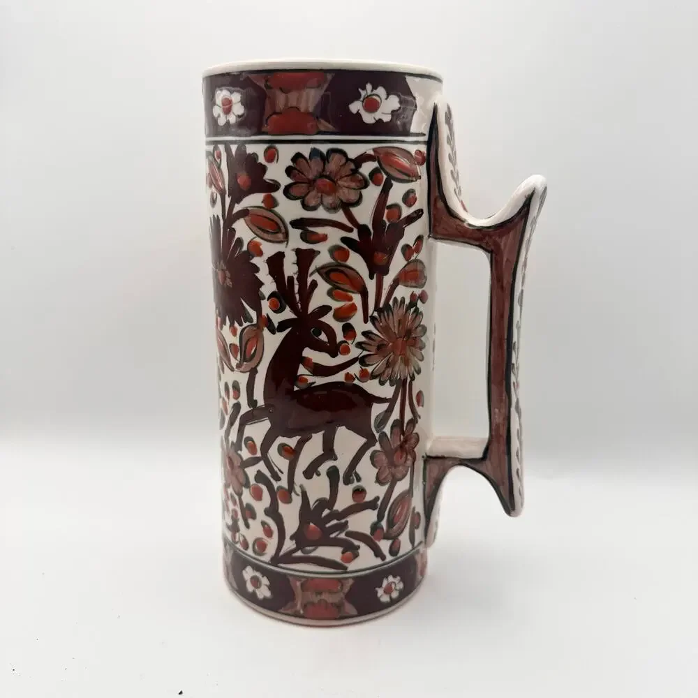 Vintage Ikaros Pottery Stein Mug Rhodes Greece Handpainted Deer Floral Motif 8